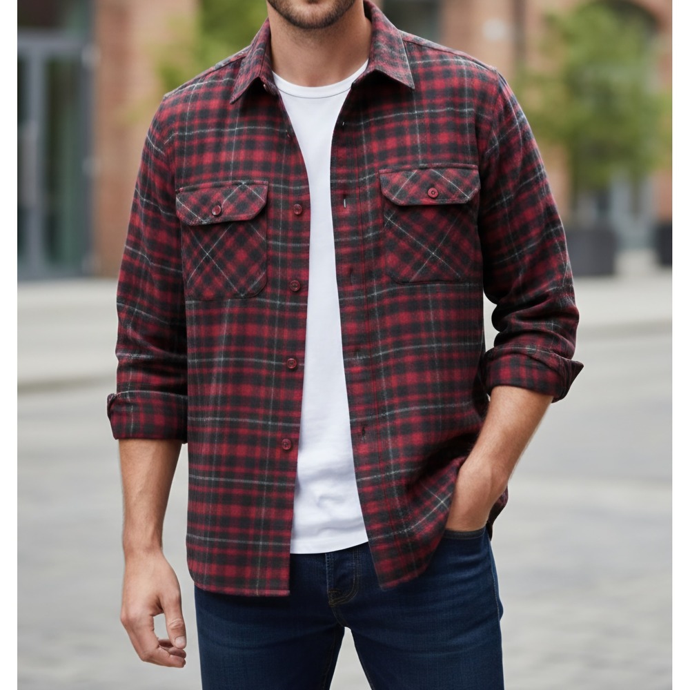 Vintage‎ Pendleton Board Shirt Red Black Plaid Wool Flannel Loop Collar Size L